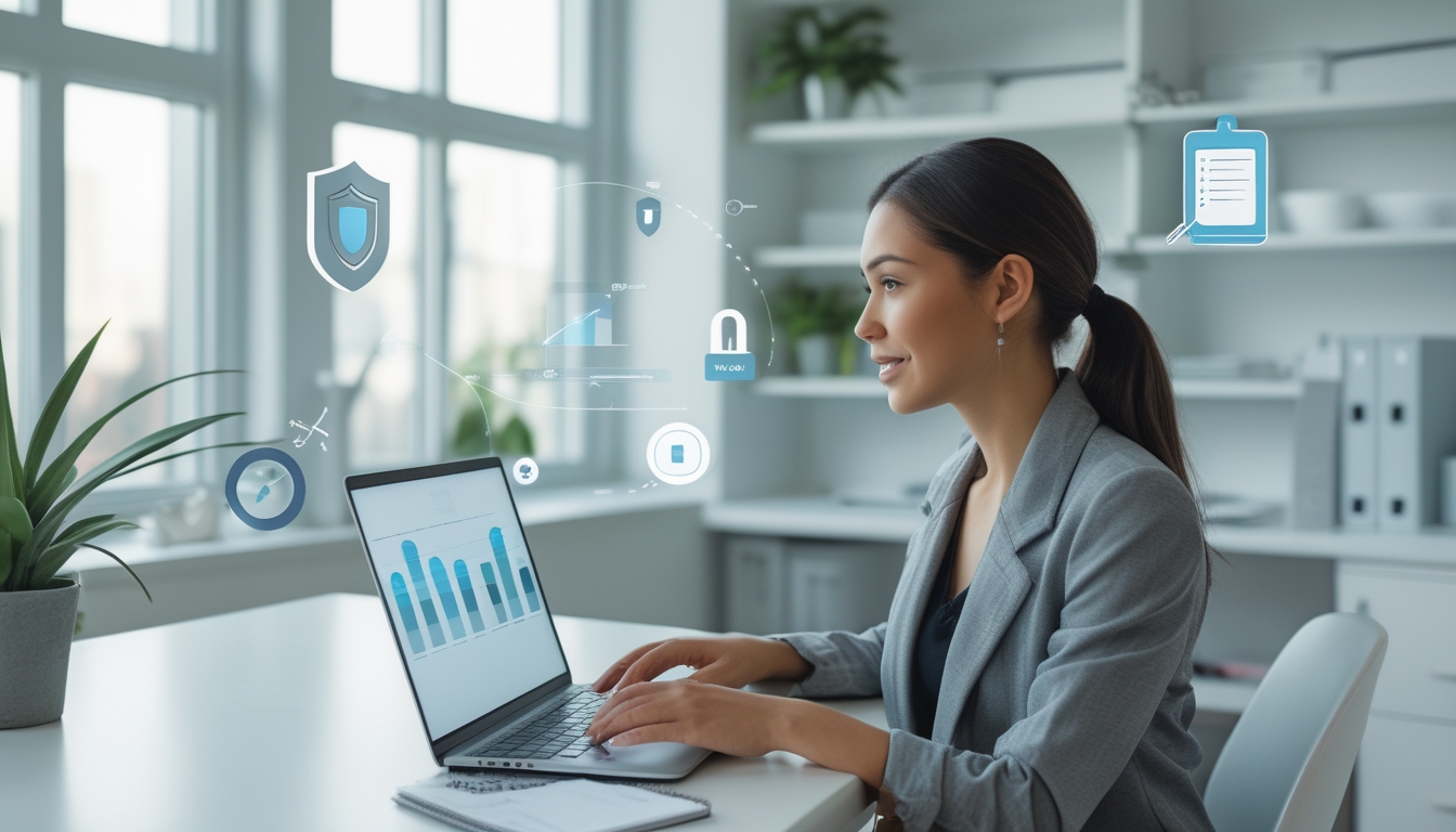 Seorang wanita muda duduk di meja dengan laptop di kantor yang terang dan rapi, menunjukkan suasana fokus dan aman untuk memilih platform online terpercaya.