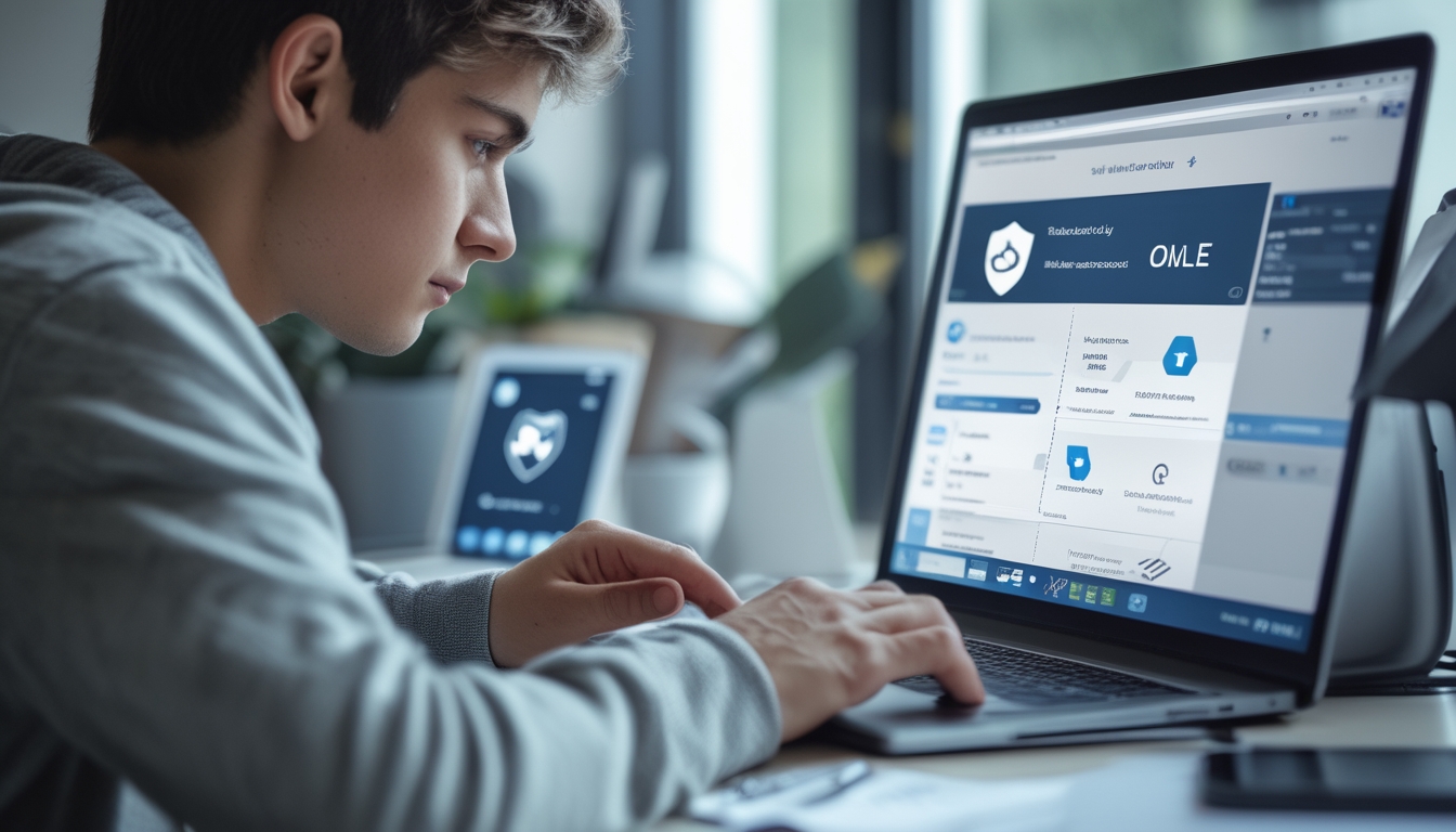 Seorang dewasa muda sedang menggunakan laptop di ruang kerja rumah yang rapi dan terang, tampak fokus sedang meneliti situs togel online dengan suasana yang tenang dan aman.