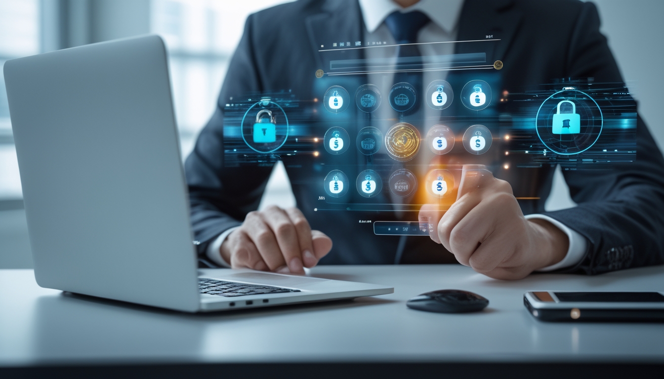 Seorang profesional sedang menggunakan perangkat digital di meja kerja dengan latar kantor modern yang menunjukkan konsep sistem pembayaran cepat dan aman.
