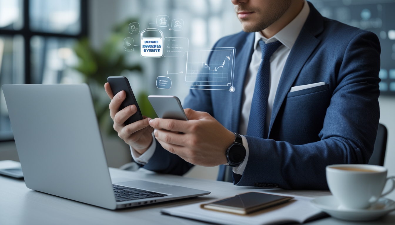 Seseorang menggunakan laptop dan ponsel di kantor modern dengan grafik keuangan di layar komputer, menunjukkan transaksi online yang aman dan cepat.
