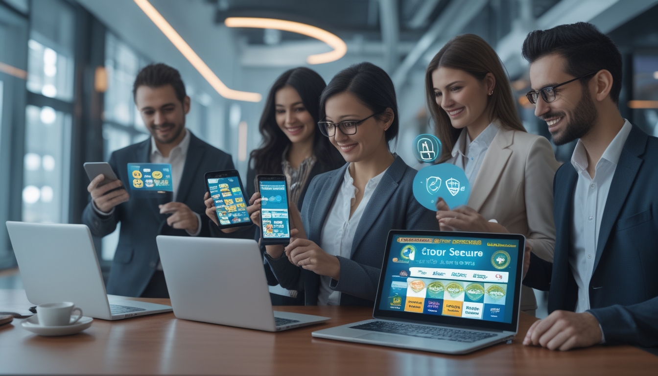Orang-orang menggunakan perangkat digital di lingkungan kantor modern yang menunjukkan layanan togel online terpercaya dan aman dengan dukungan 24 jam.