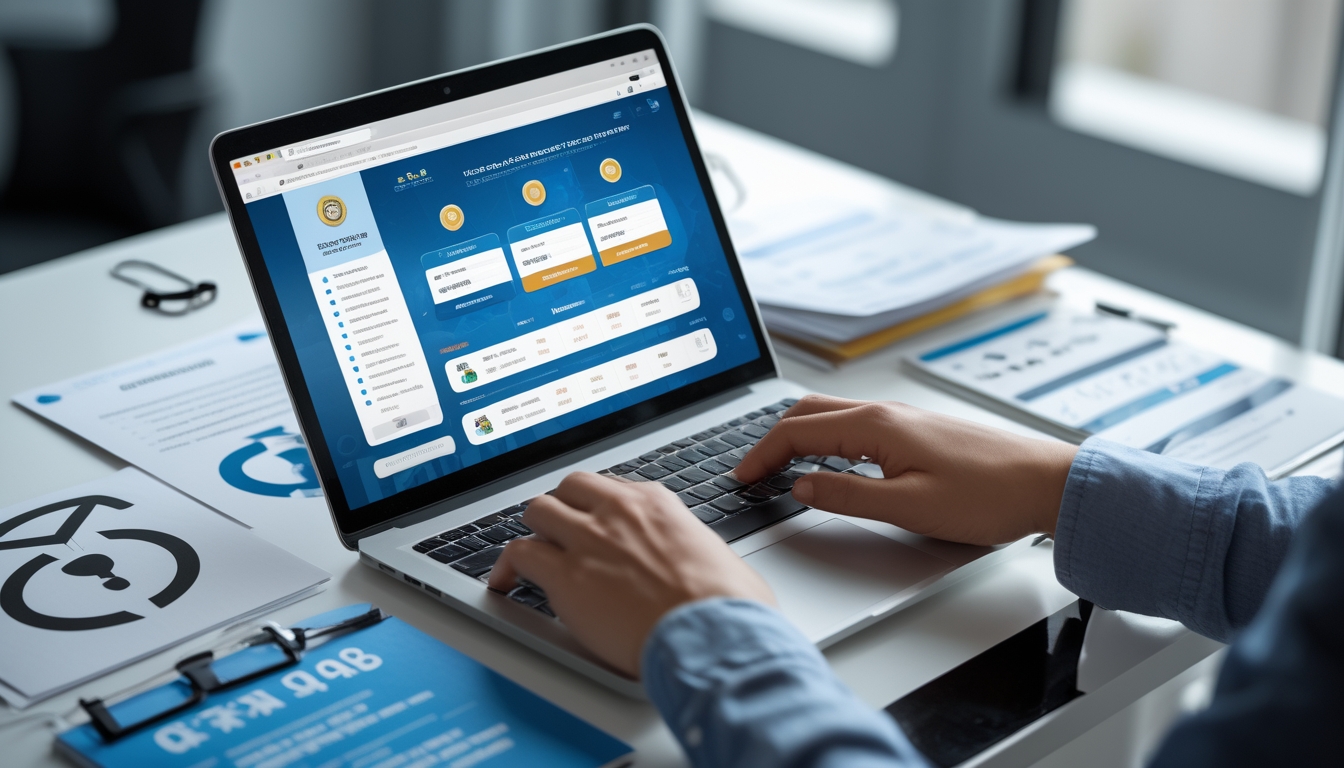Seseorang menggunakan laptop di meja kerja dengan tampilan situs togel online terpercaya, dikelilingi dokumen dan simbol keamanan.