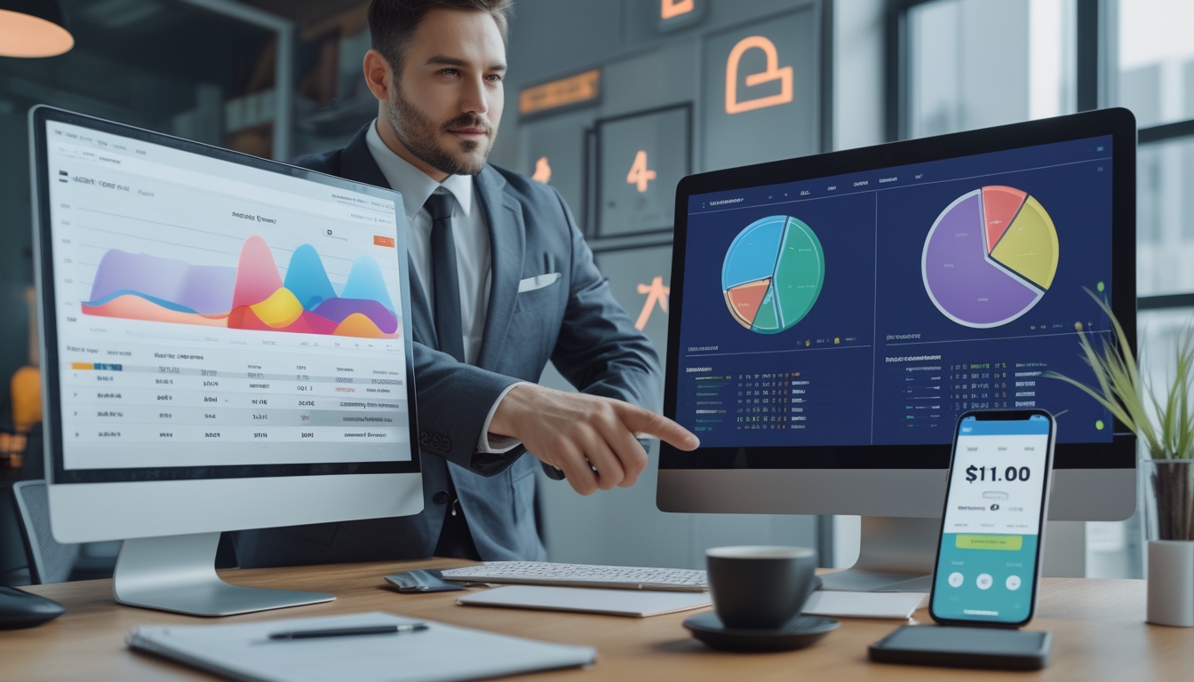 Seorang profesional sedang menganalisis data pada dua layar komputer yang menampilkan grafik dan statistik lotere online di ruang kantor modern.