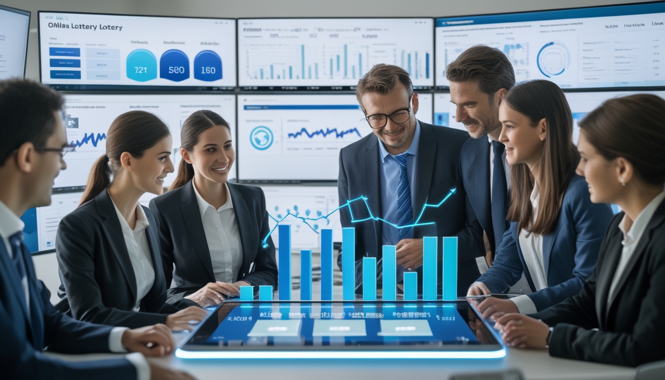 Sekelompok profesional berdiskusi di kantor modern dengan layar digital yang menampilkan grafik dan data terkait situs togel online terpercaya.