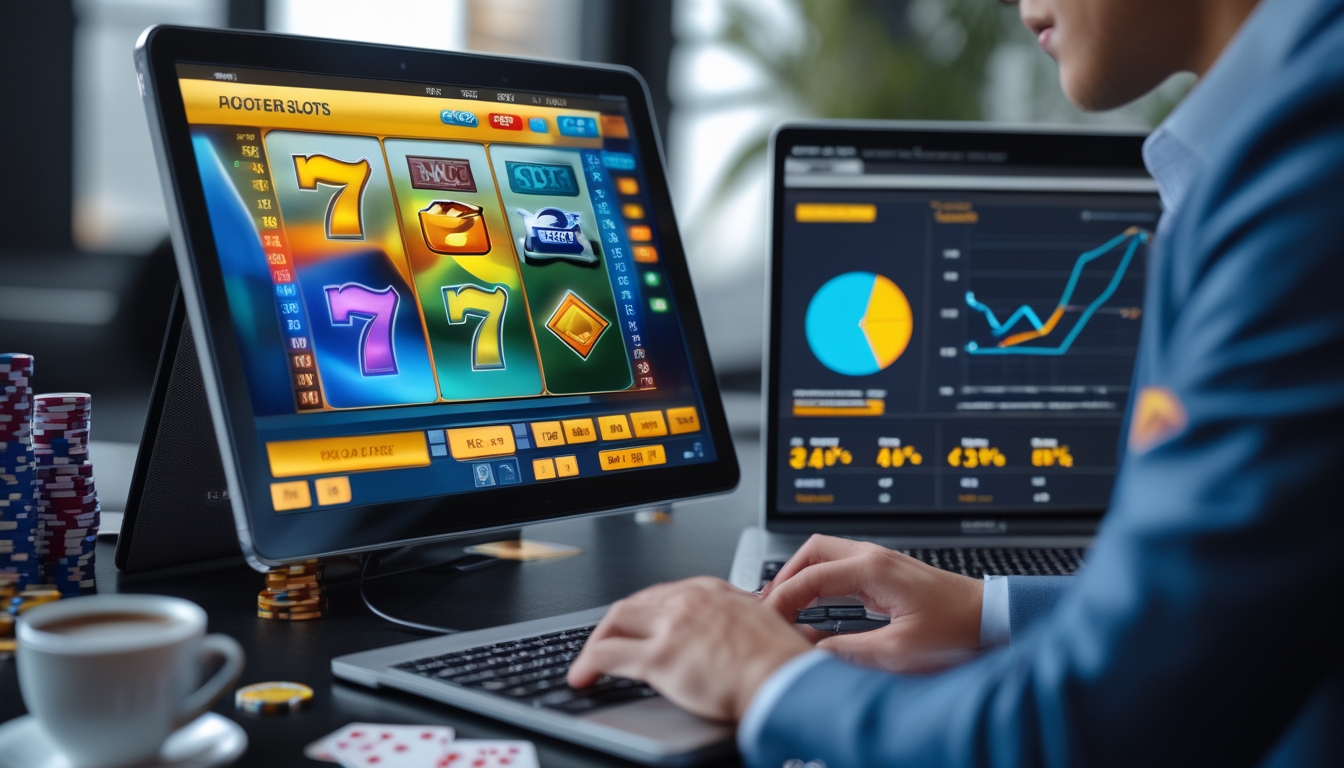 Seorang pria sedang menggunakan laptop di depan layar komputer yang menampilkan permainan slot online dengan grafik warna-warni dan data statistik RTP.