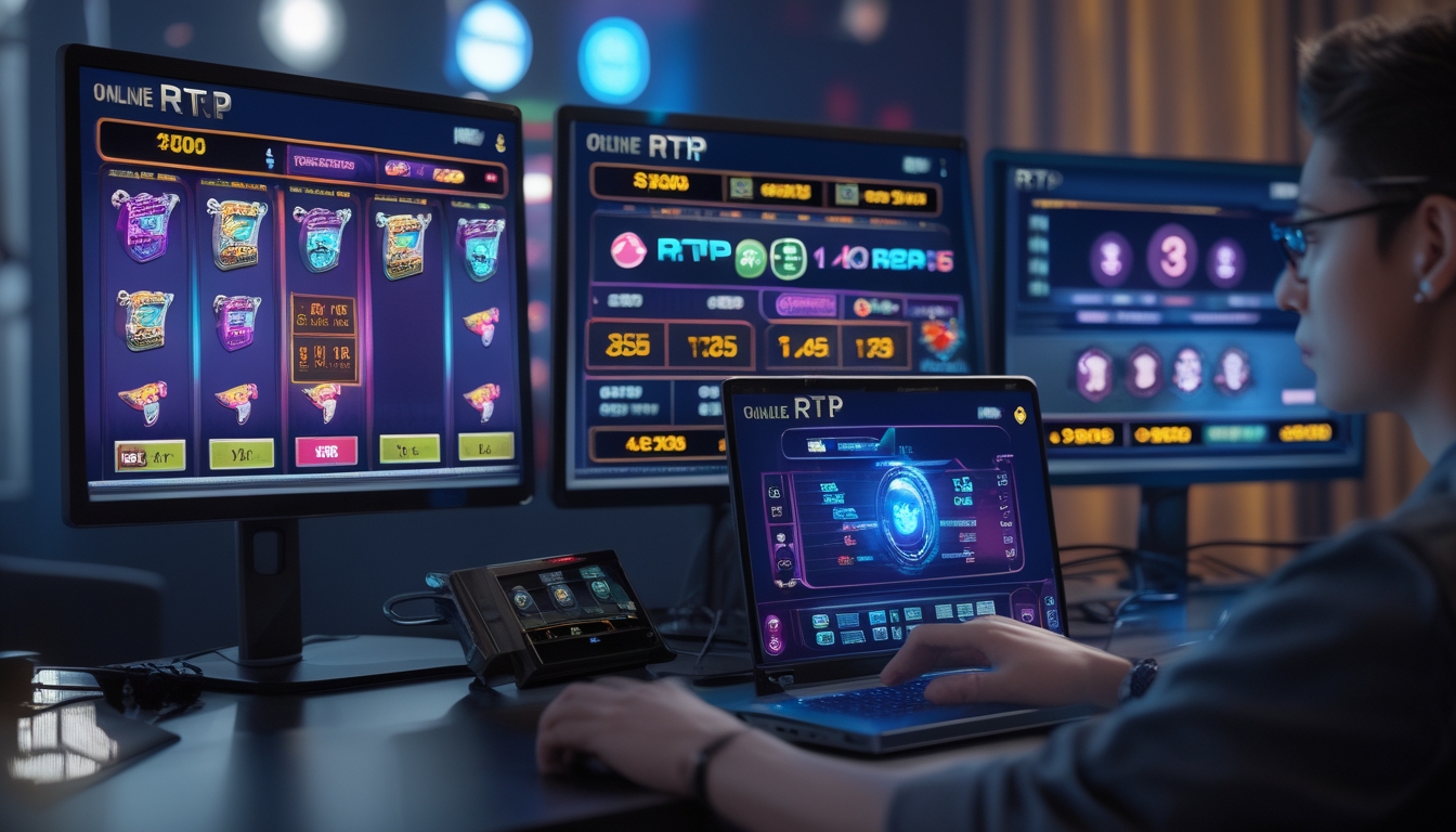 Seseorang duduk di depan komputer dengan beberapa layar menampilkan permainan slot online dan grafik RTP, sedang menganalisis data untuk menemukan game dengan peluang menang lebih besar.