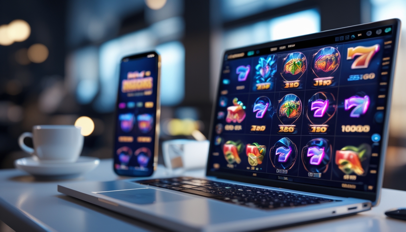 Layar komputer menampilkan permainan slot online dengan simbol warna-warni, dikelilingi oleh ponsel, cangkir kopi, dan kacamata di atas meja.