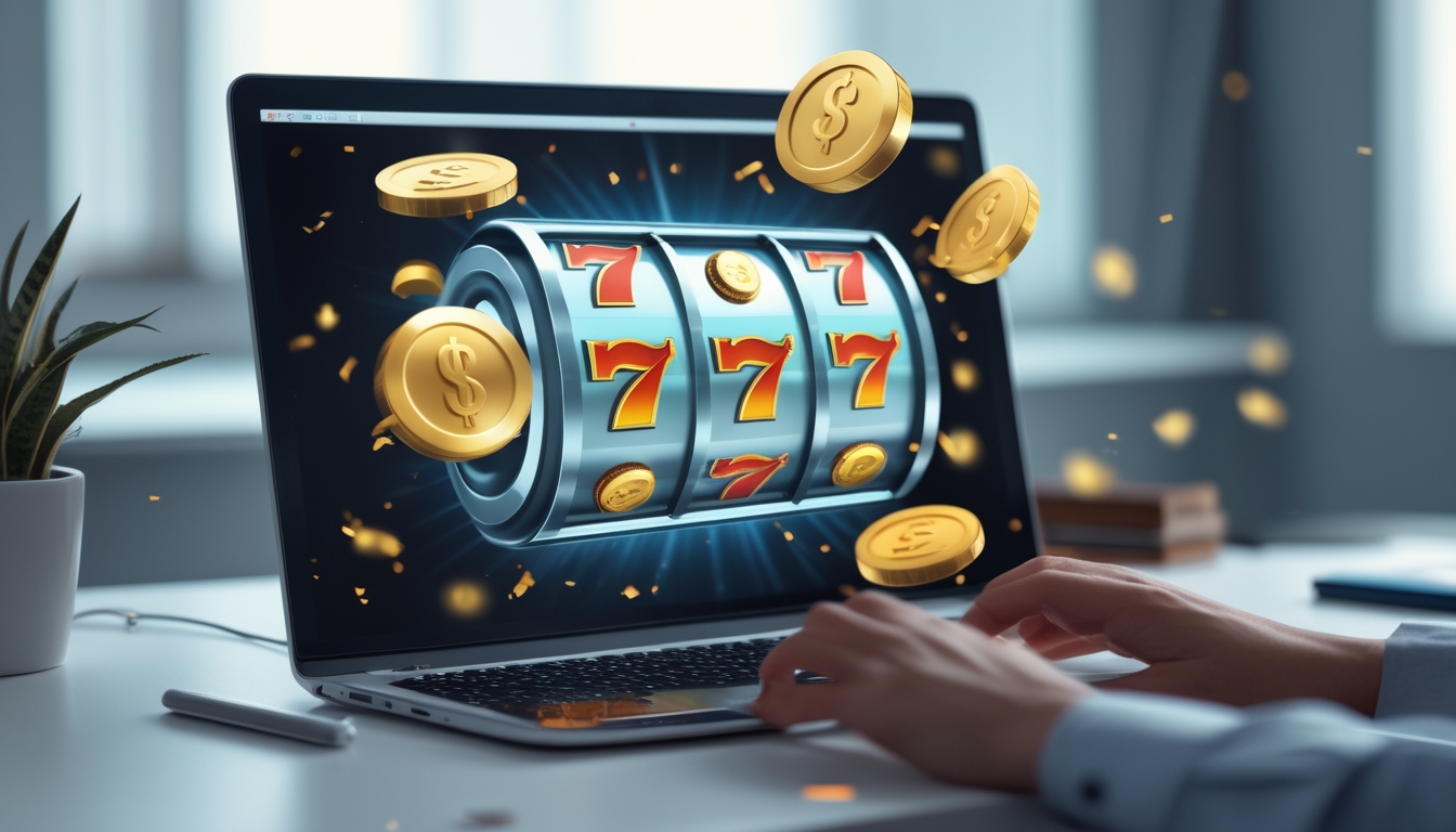 Seseorang menggunakan komputer dengan layar menampilkan mesin slot online, dikelilingi koin dan elemen kemenangan.