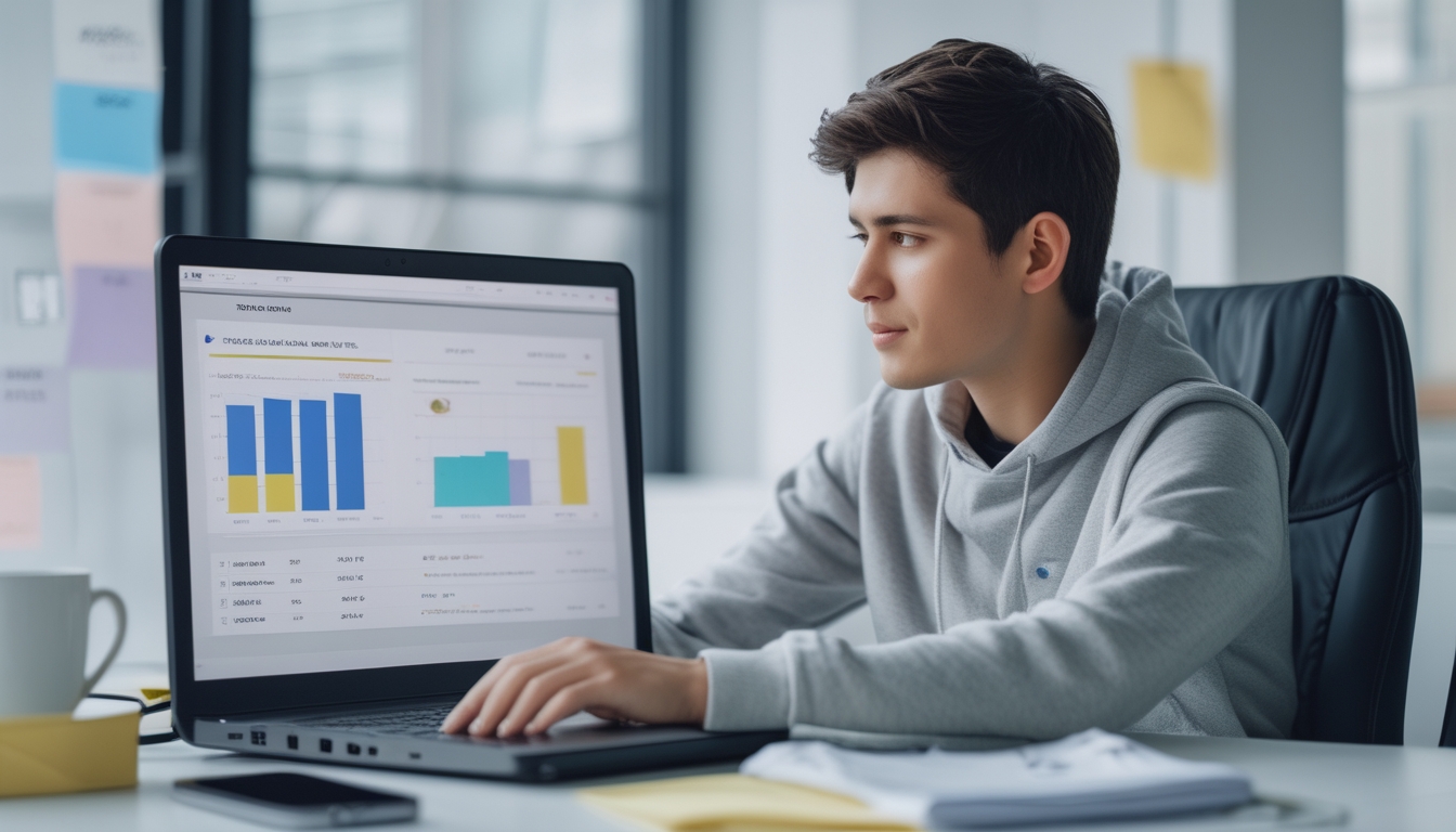 Seorang pemain muda sedang menggunakan laptop di meja modern dengan tampilan grafik dan ikon yang menunjukkan konsep RTP dan memilih situs online terpercaya.