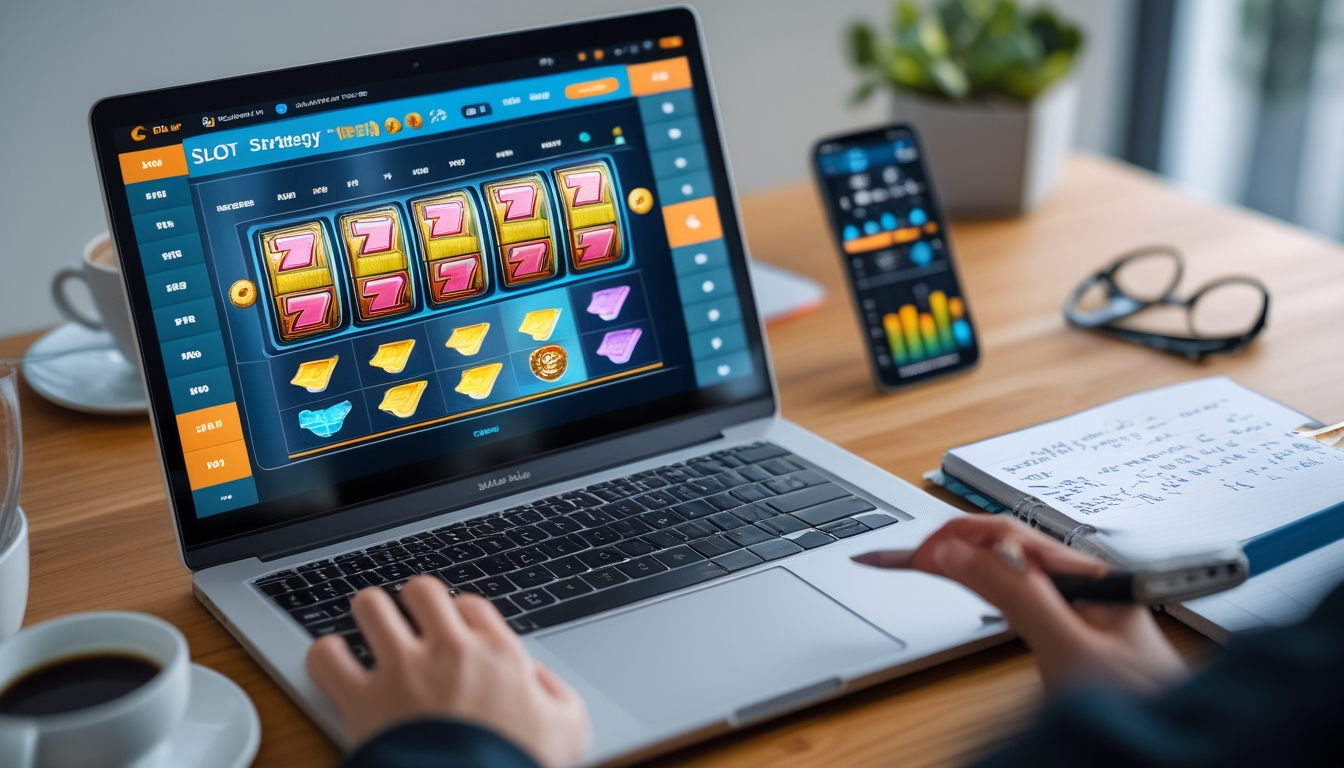 Seorang pria duduk di depan laptop dengan permainan slot online di layar, di sampingnya terdapat catatan strategi dan alat tulis di meja kerja yang rapi.