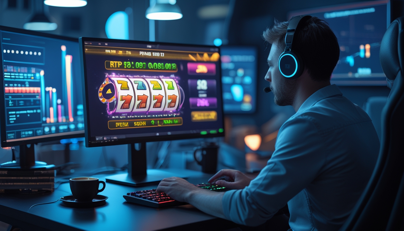 Seorang pria dewasa fokus bermain slot online di depan komputer dengan grafik mesin slot dan angka RTP yang menyala di layar, di sebuah ruang kerja modern.