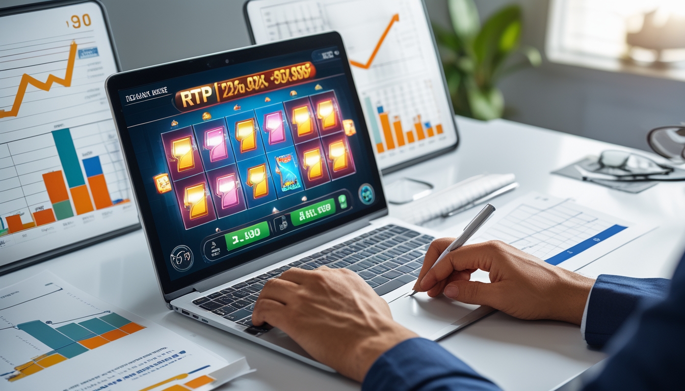 Seseorang sedang menganalisis data permainan online di meja kerja dengan laptop dan grafik statistik.