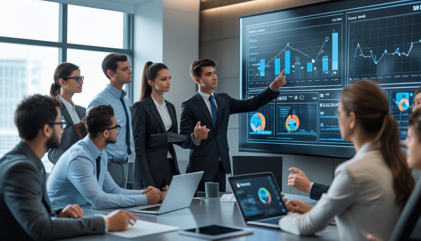 Sekelompok profesional muda sedang berdiskusi di ruang kantor dengan layar digital menampilkan grafik dan data, fokus pada seorang wanita yang menjelaskan kepada rekan-rekannya.