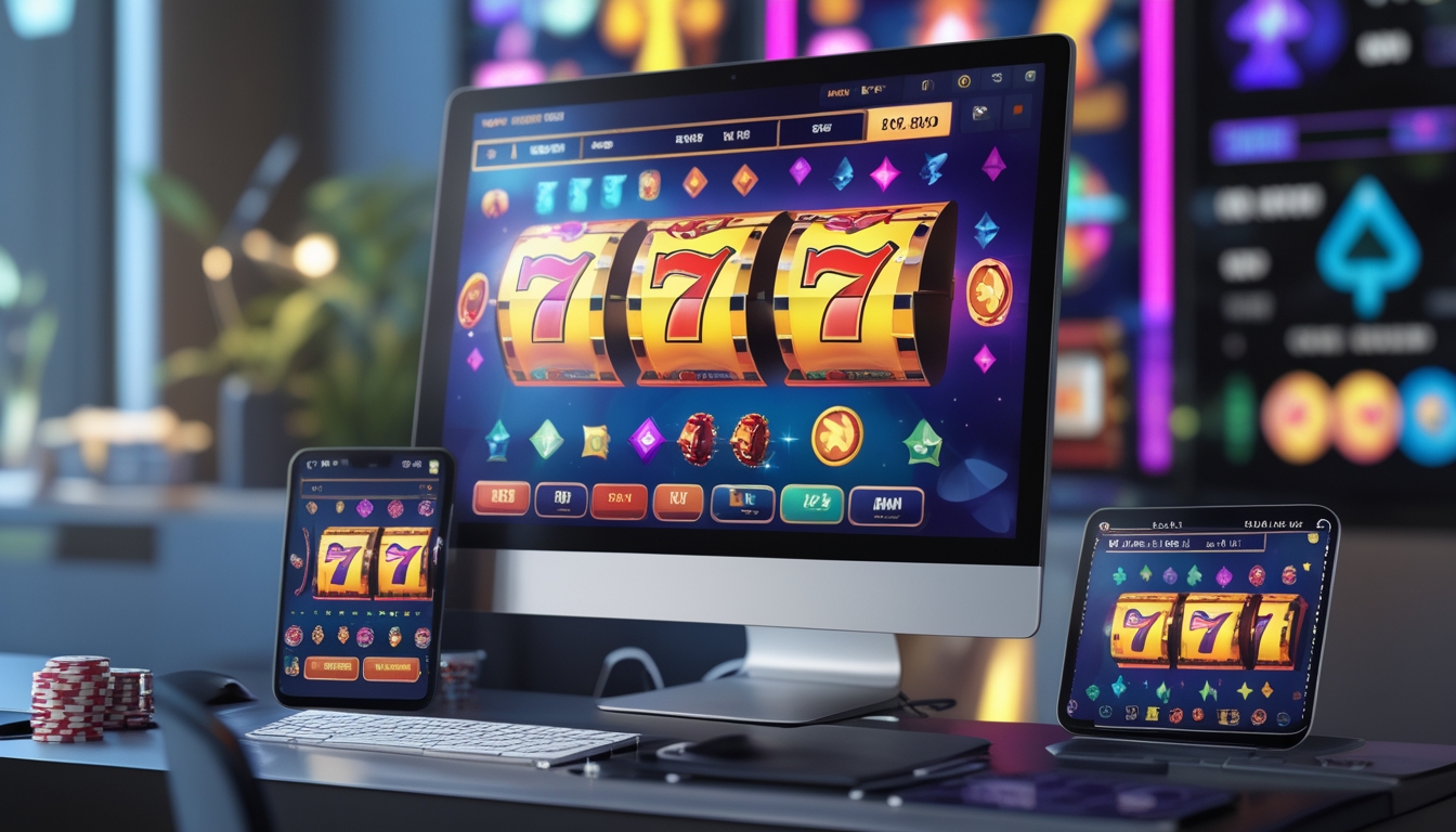 Meja kerja dengan komputer, ponsel, dan tablet yang menampilkan permainan slot online dengan simbol warna-warni, di latar belakang terdapat elemen bertema kasino seperti chip dan kartu.