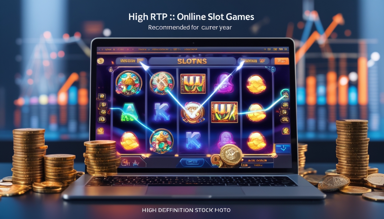 Seorang pemain sedang menggunakan komputer dengan layar menampilkan permainan slot online yang penuh warna, dikelilingi oleh tumpukan koin dan grafik yang menunjukkan tren naik.