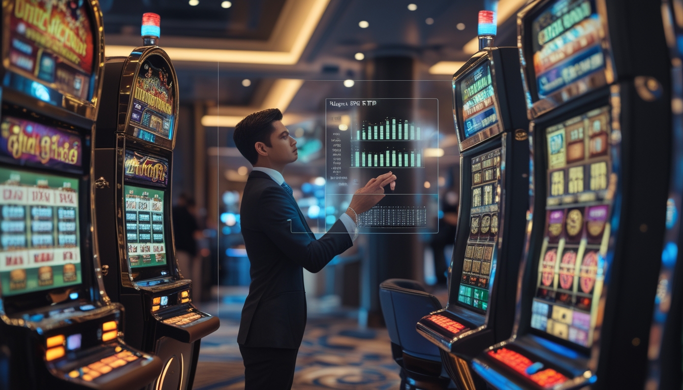 Seseorang sedang membandingkan dua mesin slot online dengan warna berbeda, satu menunjukkan hasil tinggi dan satu rendah, di lantai kasino modern.