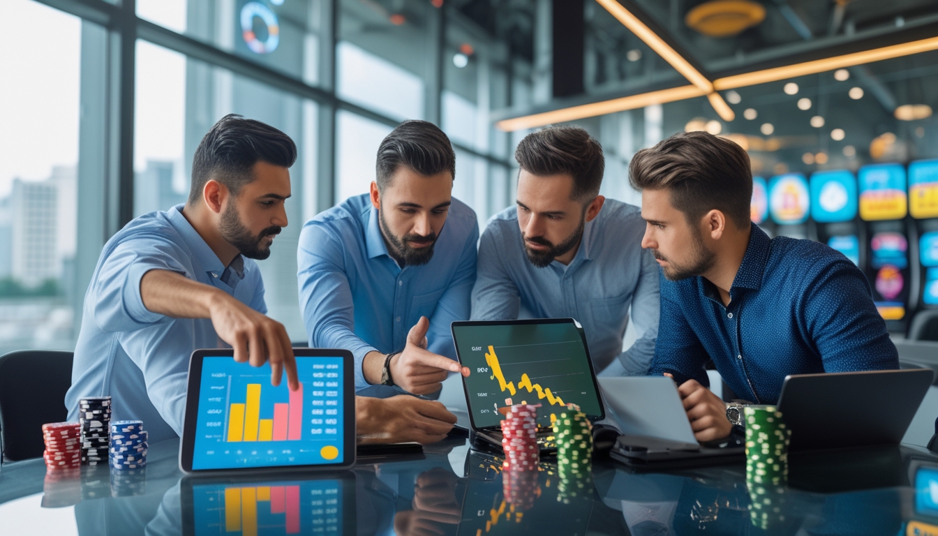 Tiga pria sedang berdiskusi serius di meja kantor dengan perangkat digital yang menampilkan grafik perbandingan permainan slot online.