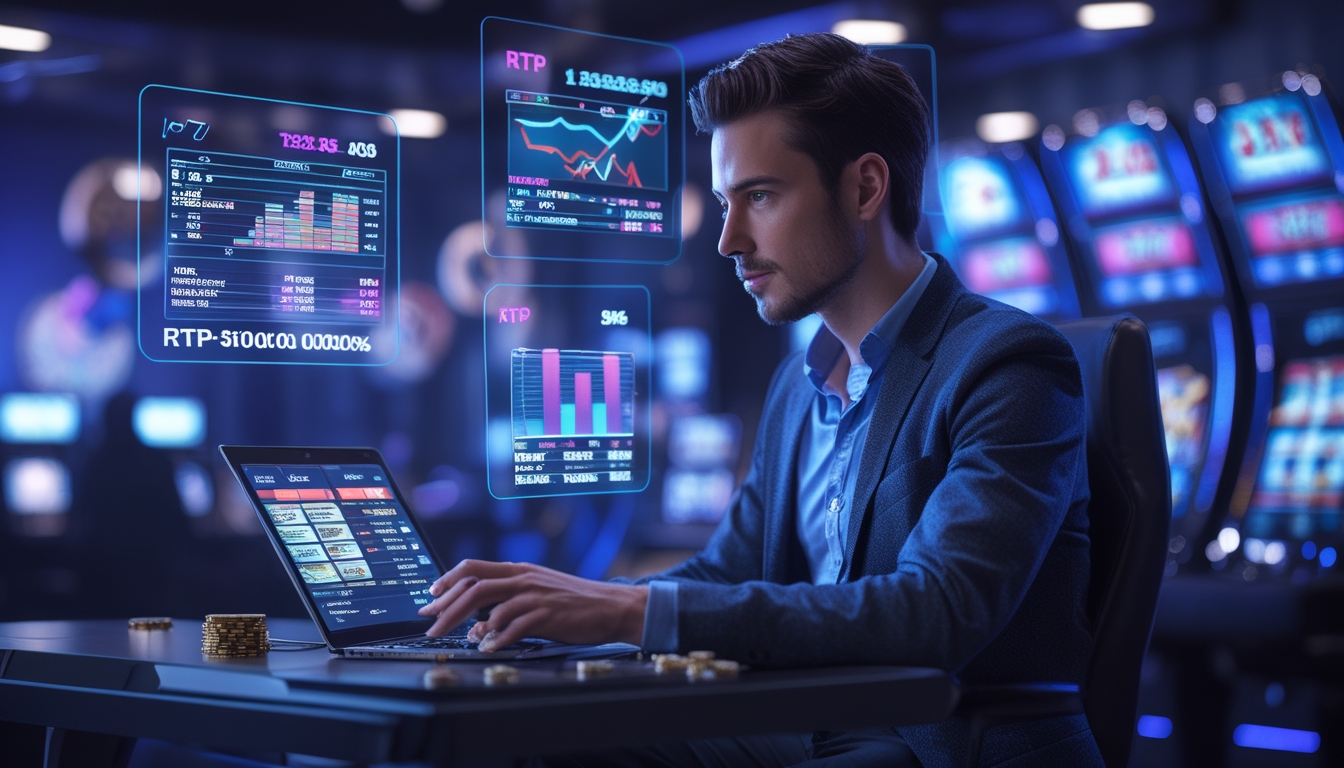 Seorang pemain profesional sedang menganalisis data slot online dengan layar digital di sebuah ruangan modern.