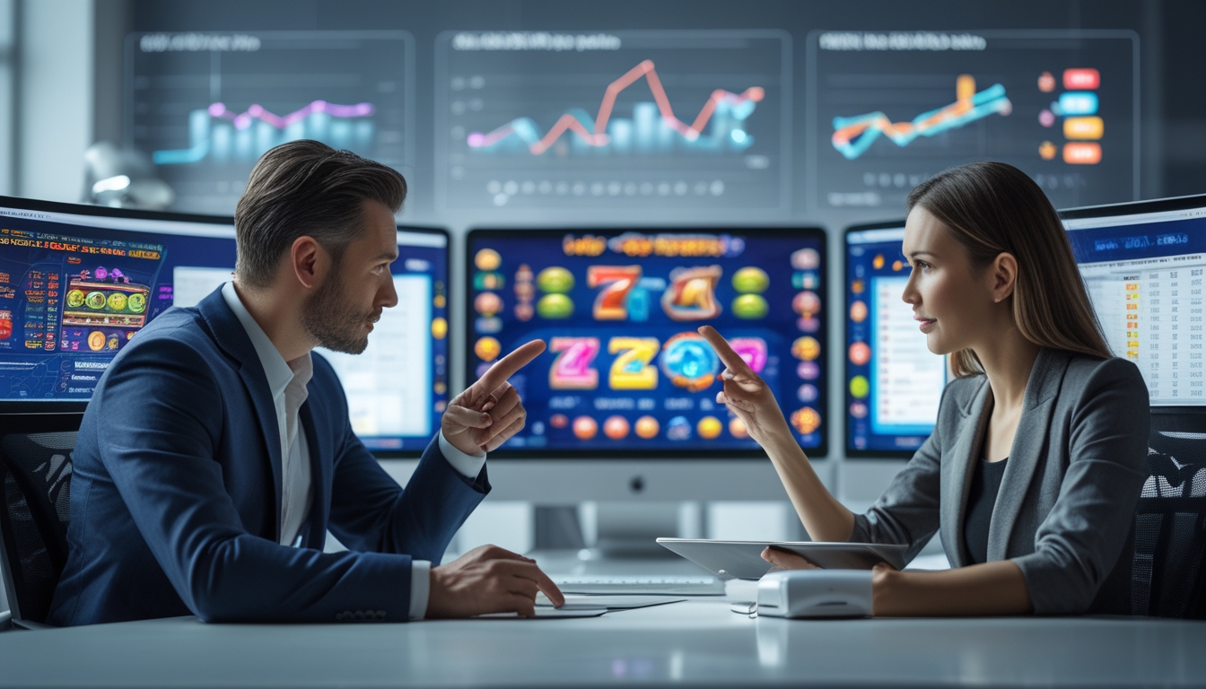 Dua orang profesional sedang menganalisis data permainan slot online di depan beberapa layar komputer di sebuah kantor modern.