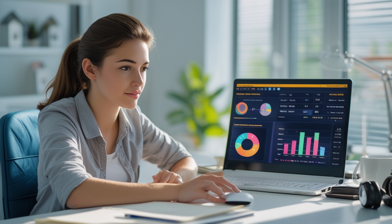 Seorang wanita muda duduk di meja dengan laptop, menganalisis data permainan slot online sebelum bermain.