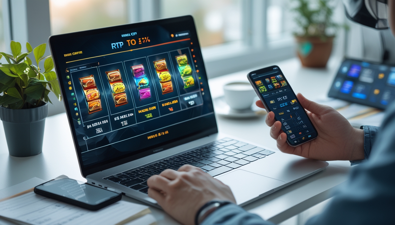 Seorang pria sedang menganalisis data RTP slot online di depan laptop di meja kerja yang rapi dengan cahaya alami.