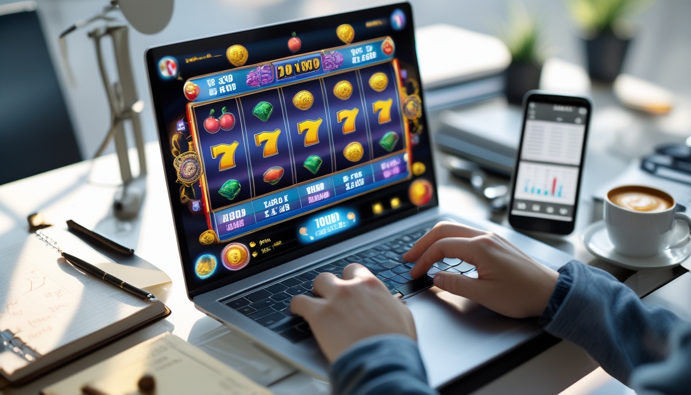 Sebuah layar komputer menampilkan permainan mesin slot online dengan simbol warna-warni, dikelilingi oleh buku catatan, pena, ponsel dengan grafik, dan secangkir kopi di atas meja yang rapi.