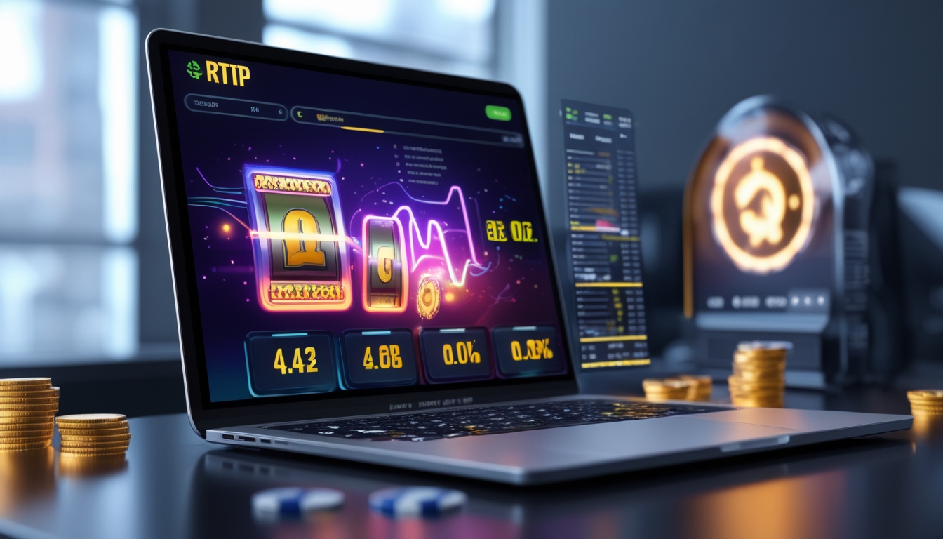 Layar komputer menampilkan permainan slot online dengan grafik dan statistik RTP, dikelilingi oleh koin digital dan elemen kasino.