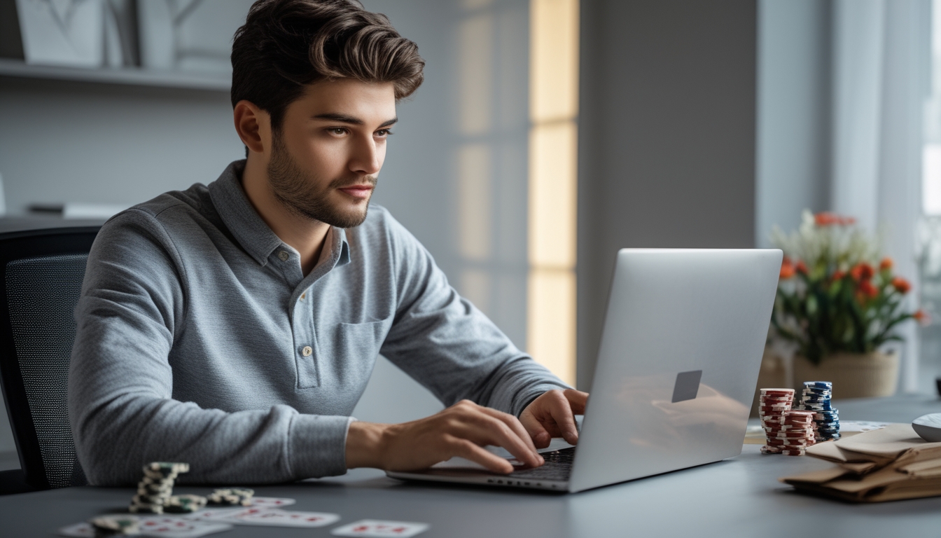Seorang dewasa muda sedang duduk di meja dengan laptop, bermain poker online dengan fokus di ruang kerja yang nyaman.