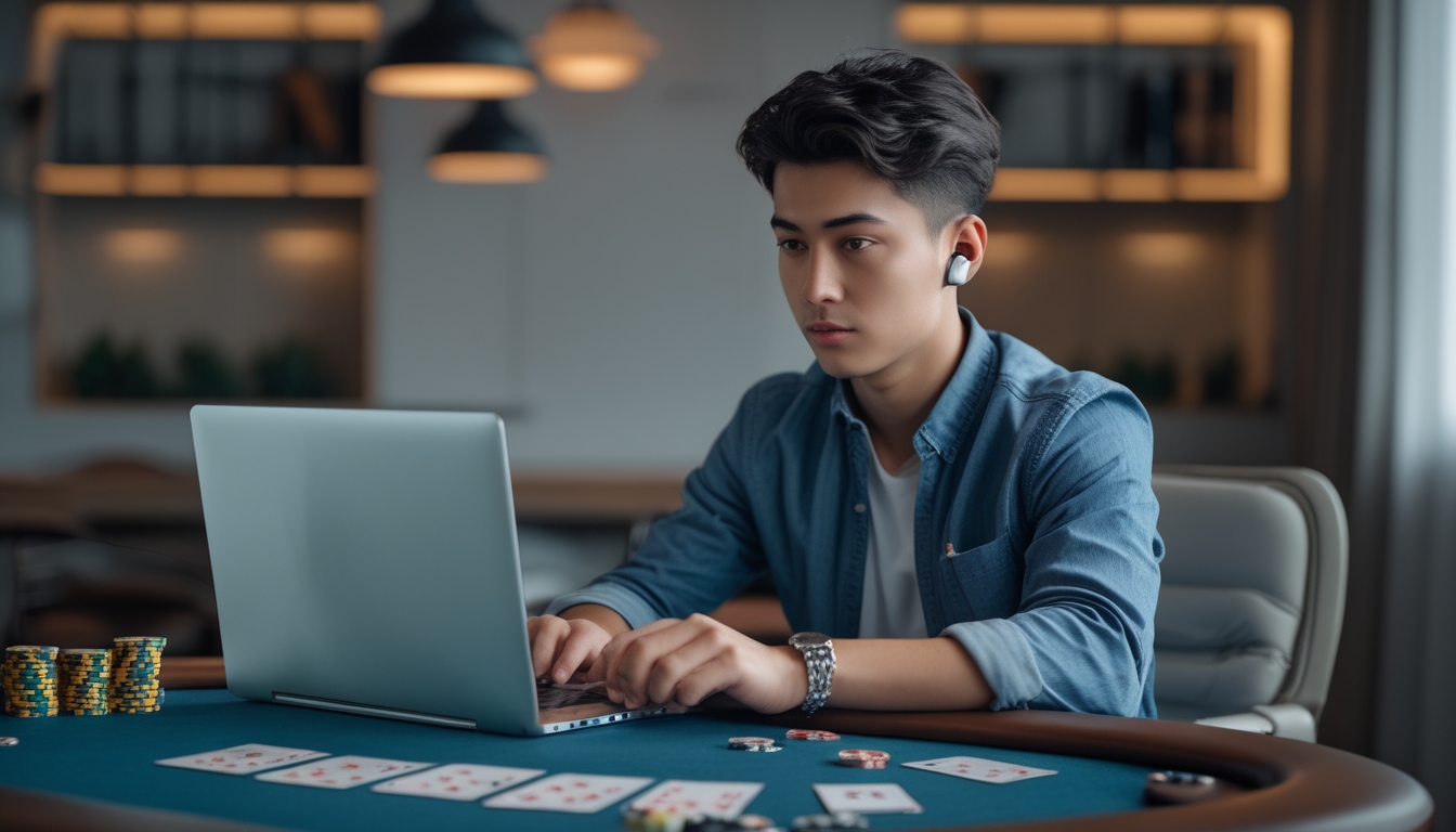 Seorang dewasa muda fokus bermain poker online di depan laptop dengan chip dan kartu poker di meja.