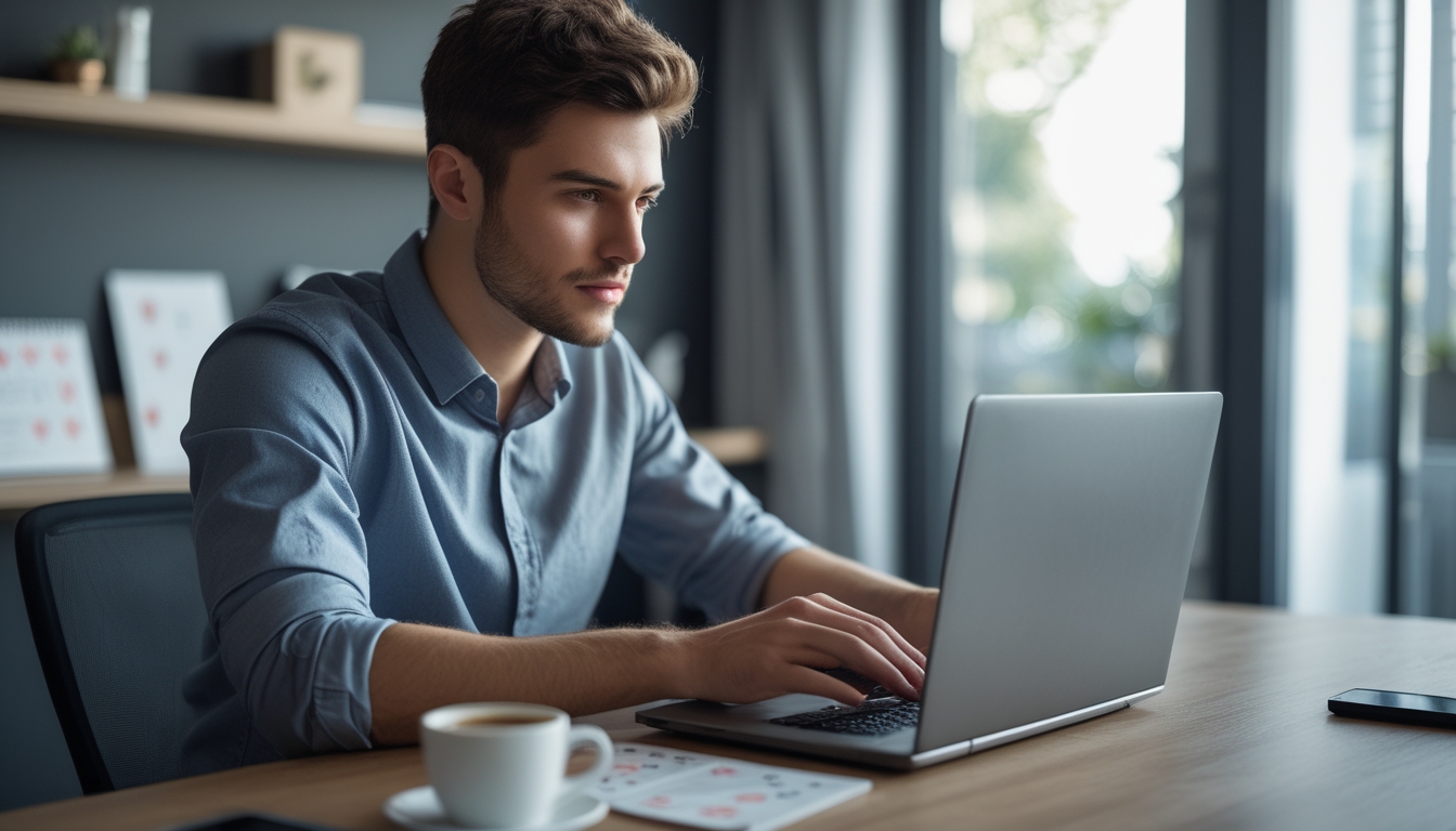Seorang pria muda yang percaya diri bermain poker online menggunakan laptop di ruang kerja modern.