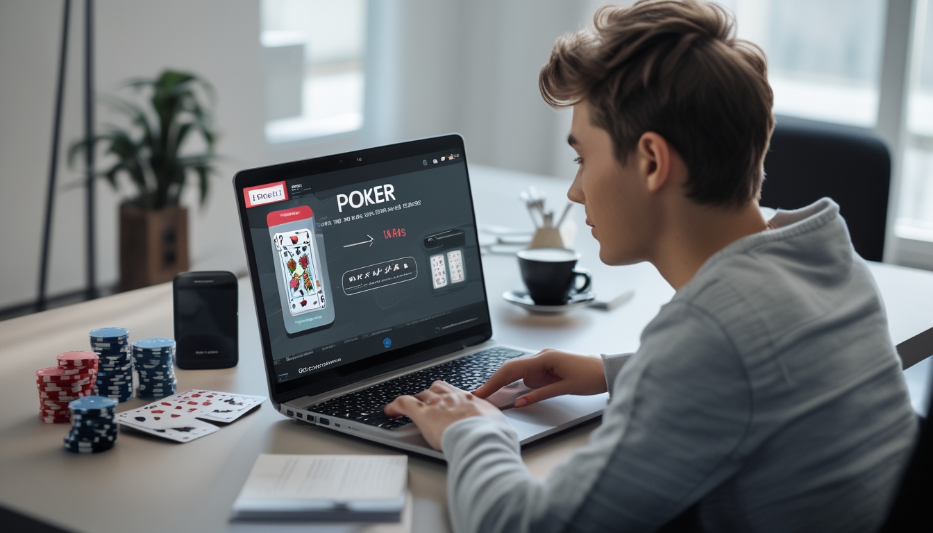 Seorang pemain poker online fokus bermain di depan laptop dengan chip dan kartu poker di meja.
