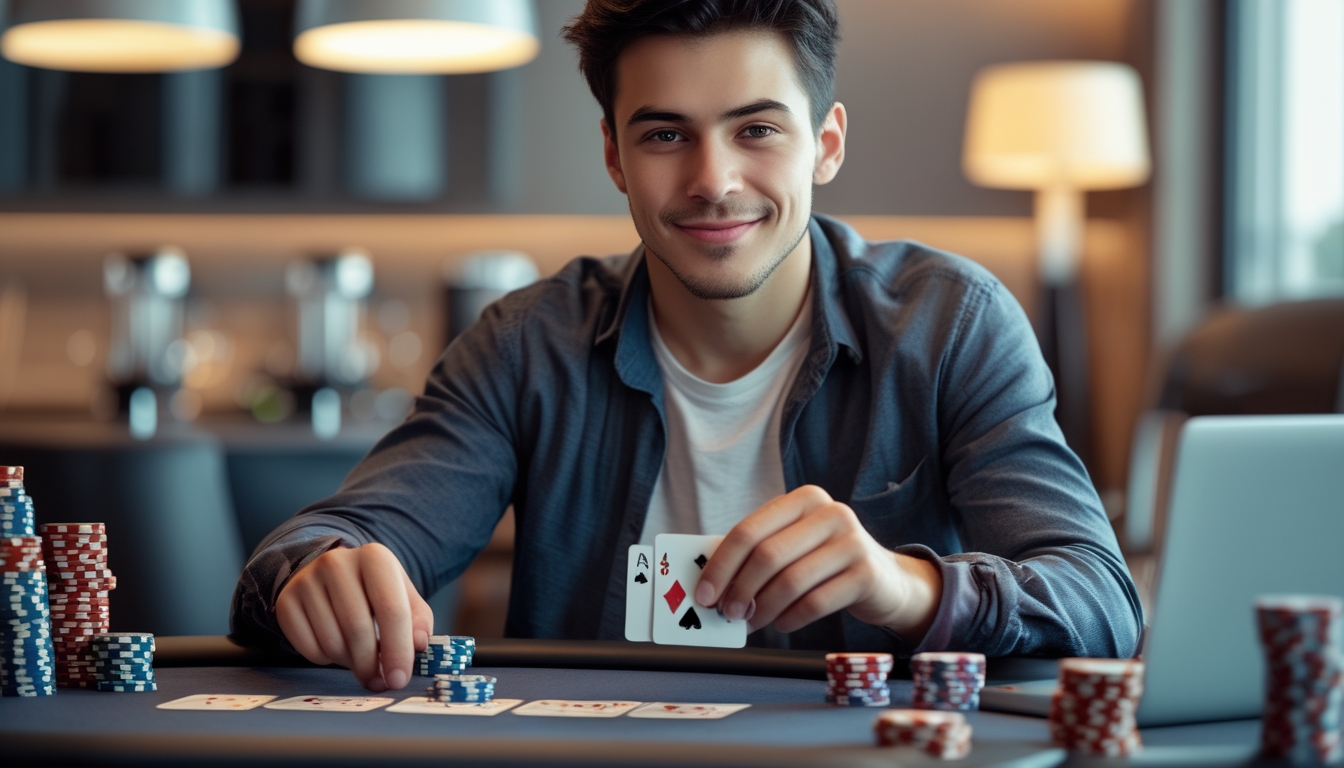 Seorang dewasa muda duduk di meja poker dengan kartu dan chip poker, terlihat percaya diri dan santai.