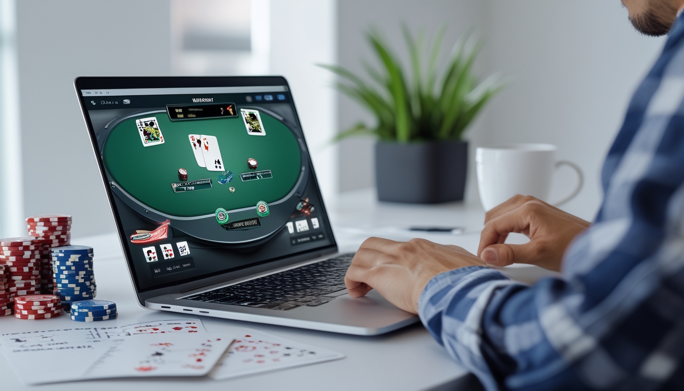 Seseorang sedang menggunakan laptop dengan permainan poker online di layar, dikelilingi oleh chip poker dan kartu remi di meja kerja.
