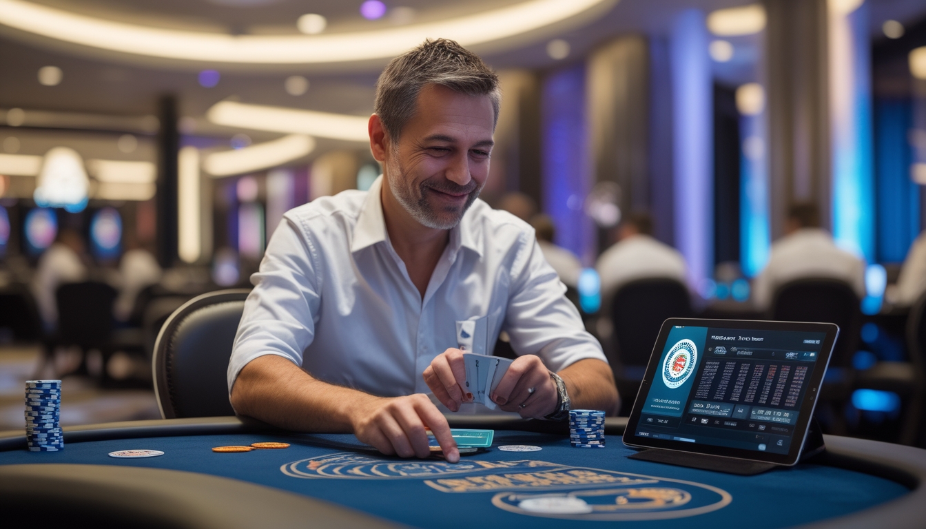Seorang pria berpengalaman sedang duduk di meja poker dengan kartu dan chip, fokus menganalisis permainan di kasino modern.