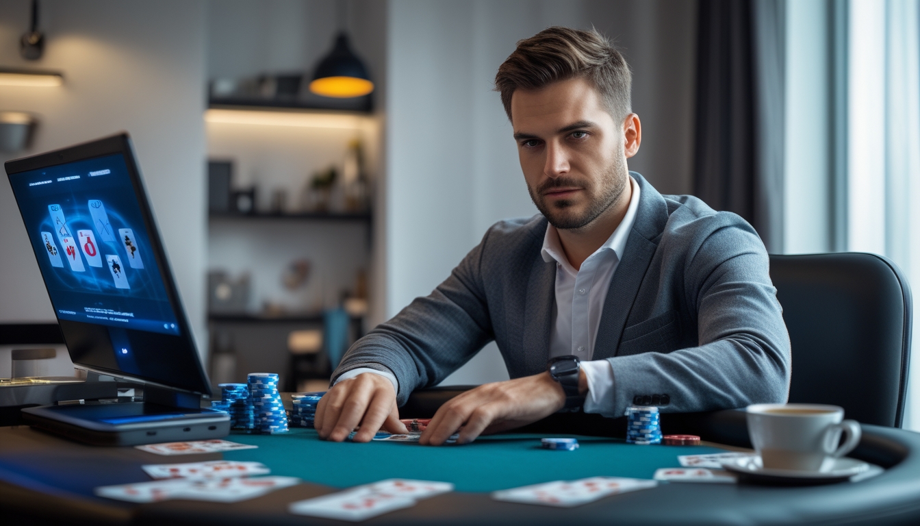 Seorang pria dewasa fokus bermain poker online di meja dengan kartu dan chip poker di depan, menggunakan laptop di ruangan yang terang dan rapi.
