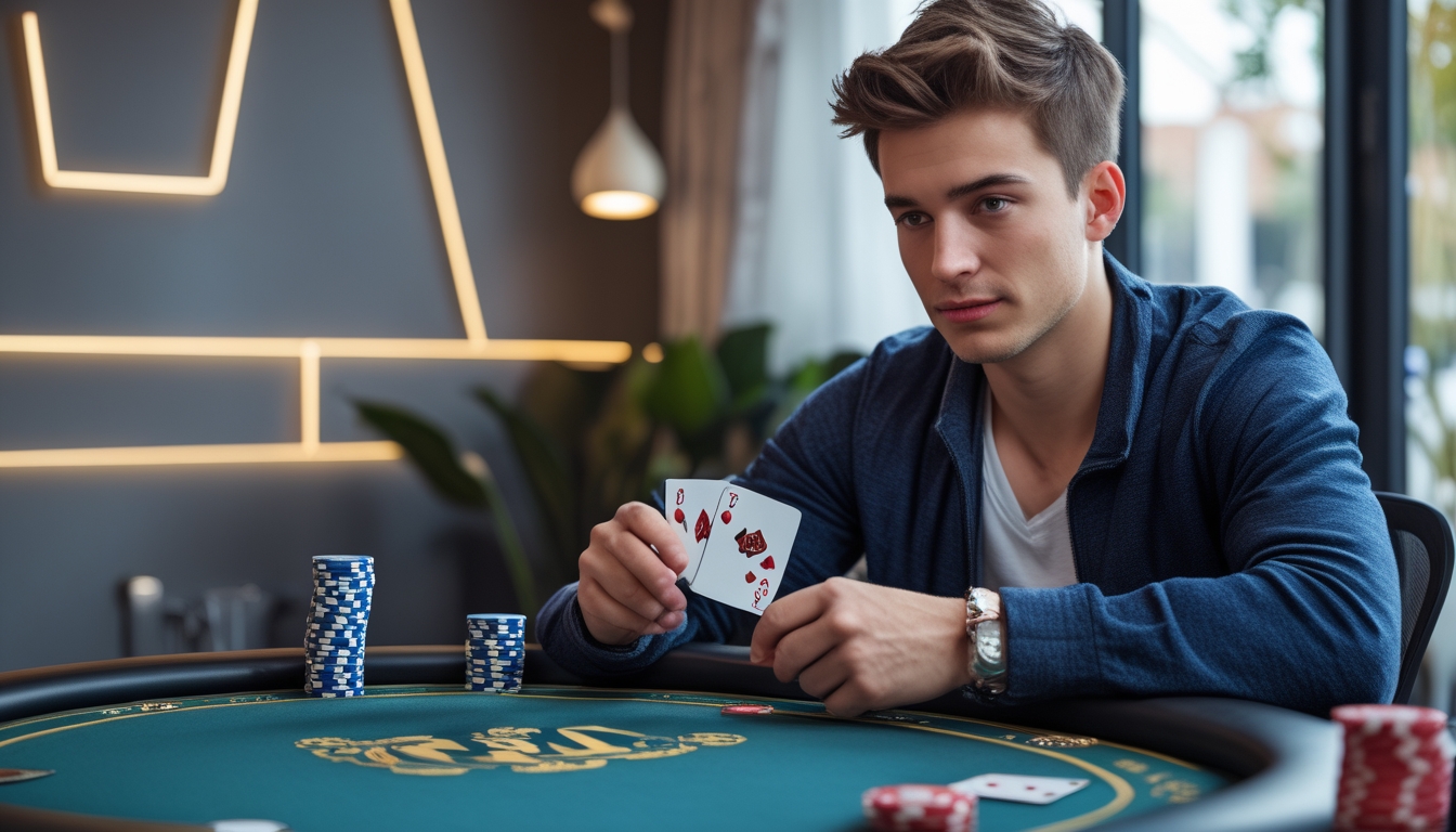 Seorang pria muda duduk di meja poker dengan chip dan kartu, terlihat fokus dan percaya diri.
