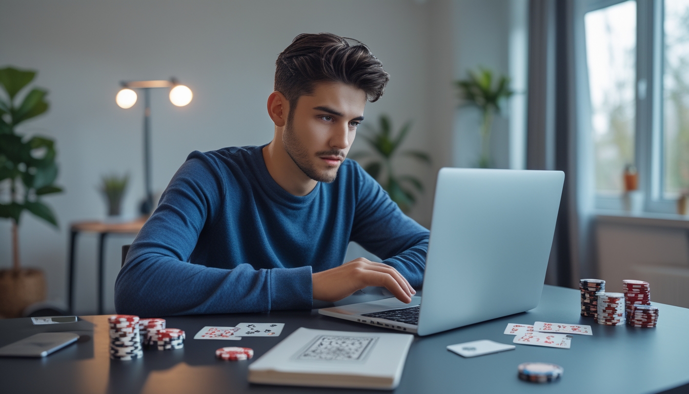 Seorang pria muda duduk di depan laptop dengan kartu poker dan chip di meja, fokus bermain poker online.