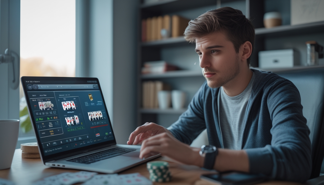 Seorang pria muda sedang fokus bermain poker online di laptop di ruang kerja rumah yang terang.