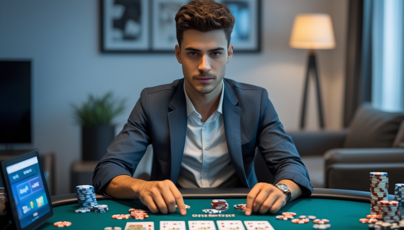 Seorang pria muda duduk di meja poker dengan tumpukan chip dan kartu, fokus mengelola modal dengan hati-hati.