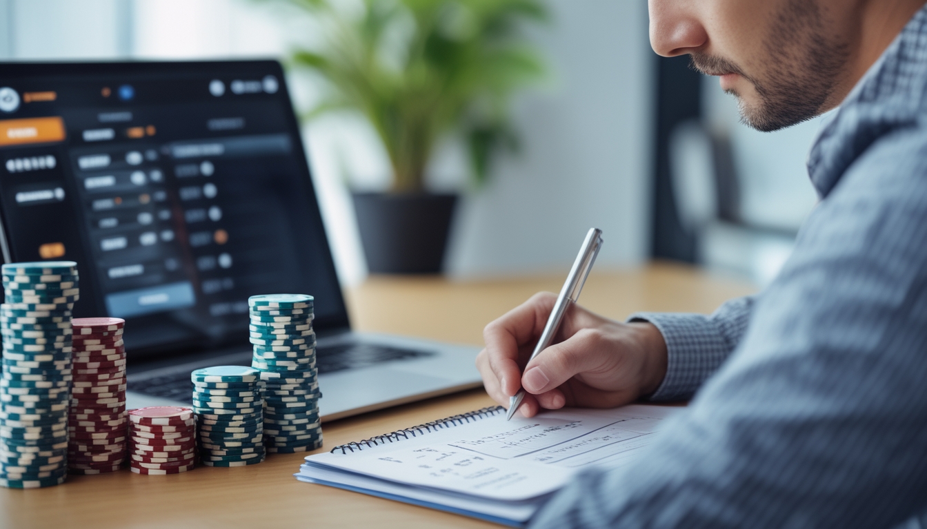 Seorang pria duduk di meja dengan laptop yang menampilkan permainan poker online, tumpukan chip poker, dan buku catatan dengan catatan strategi.