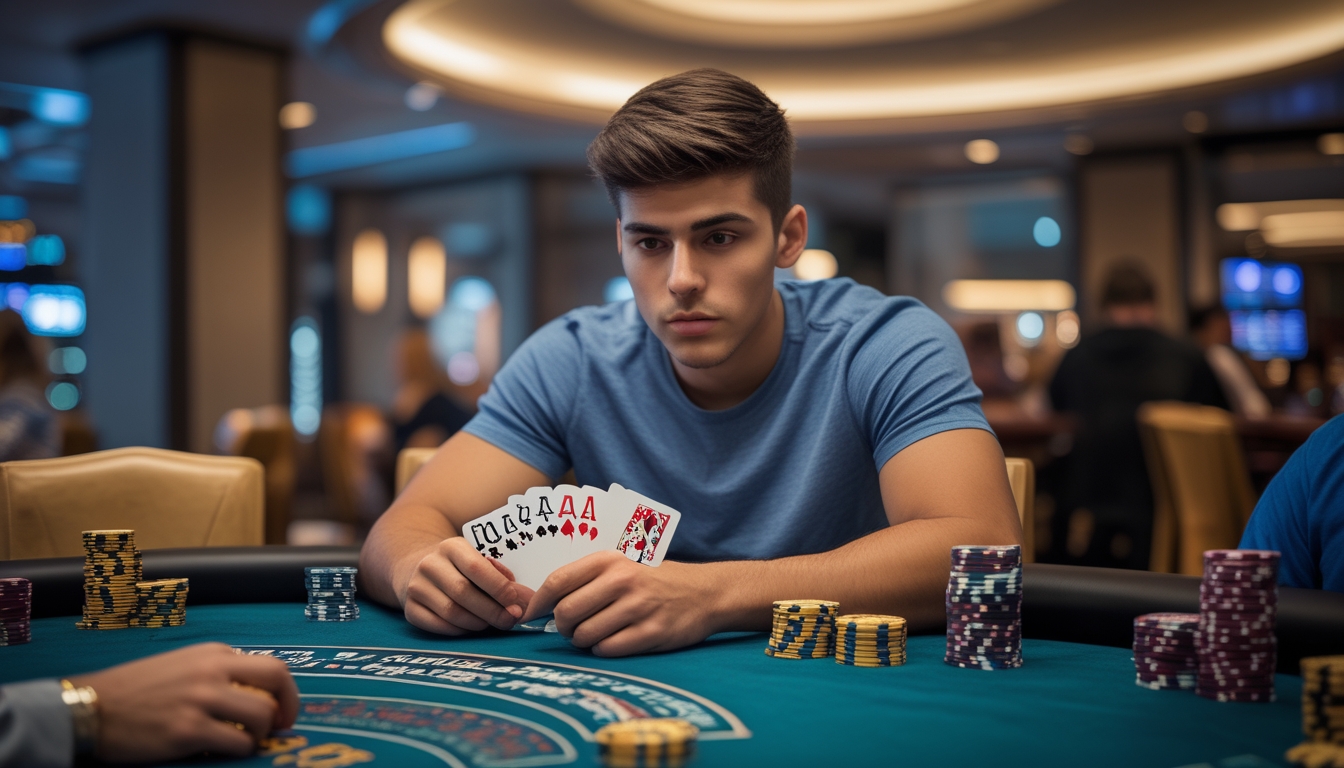 Seorang pria muda duduk di meja poker dengan ekspresi fokus sambil menganalisis kartu dan tumpukan chip di hadapannya.