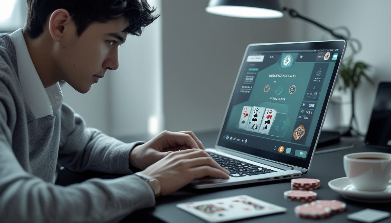 Seorang dewasa muda fokus bermain poker online di laptop di ruang kerja rumah yang modern dengan chip poker dan kartu di meja.