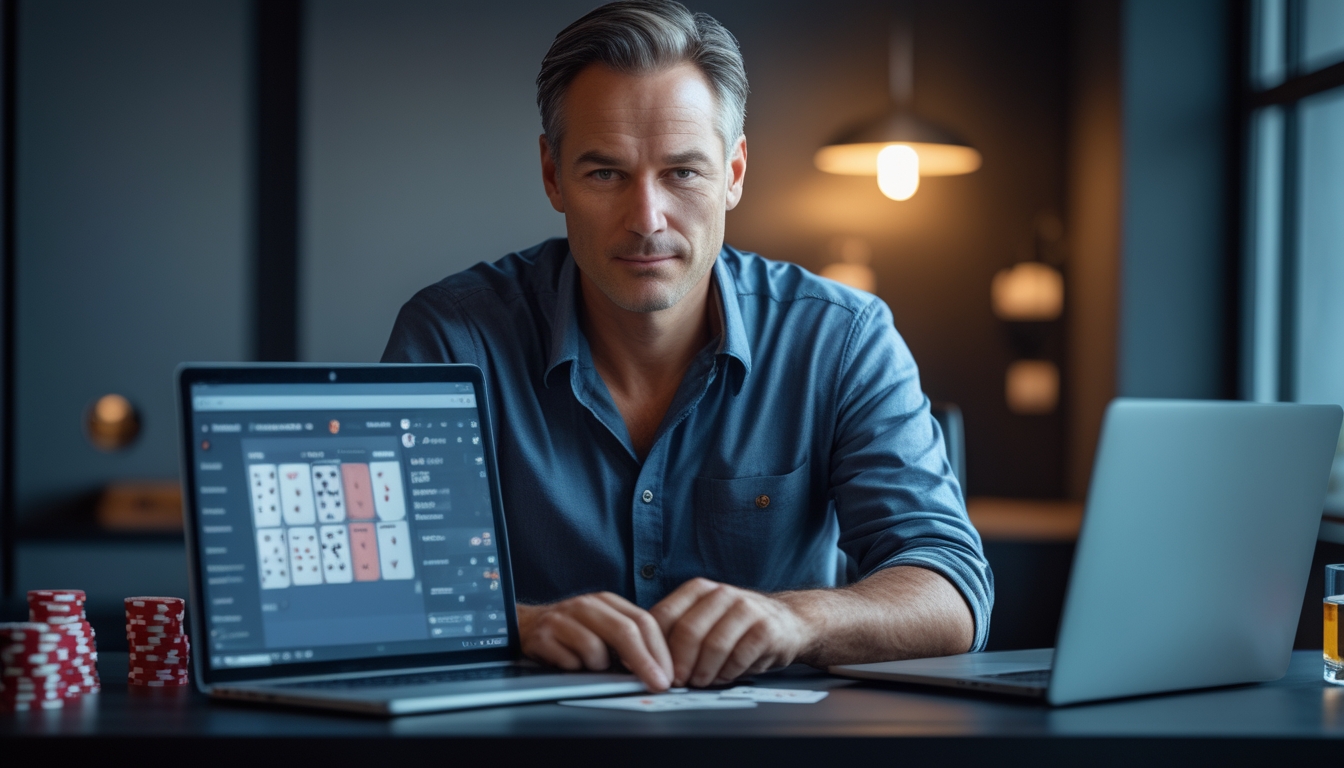 Seorang pria sedang fokus bermain poker online di meja dengan laptop dan chip poker di sekitarnya.