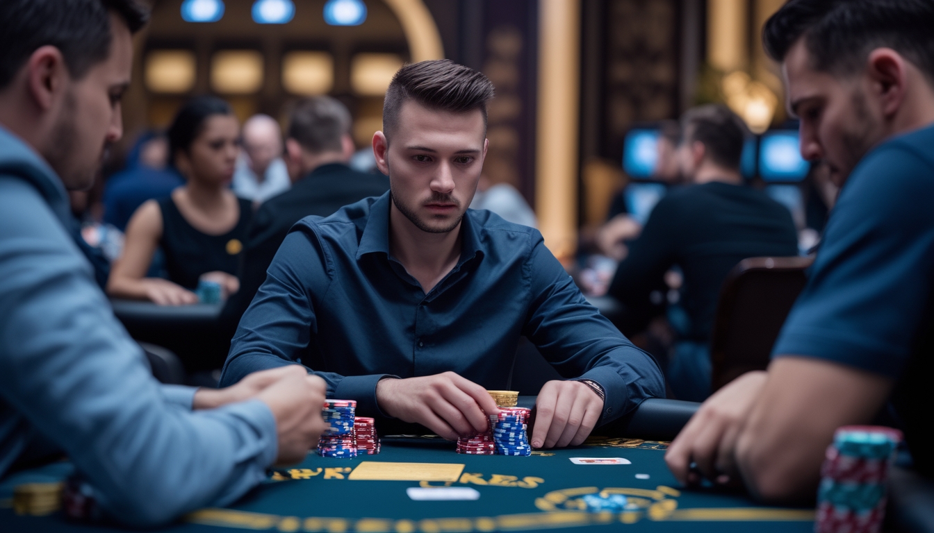 Seorang pemain poker fokus duduk di meja taruhan tinggi dengan tumpukan chip di depan dan pemain lain sedang bermain di latar belakang.