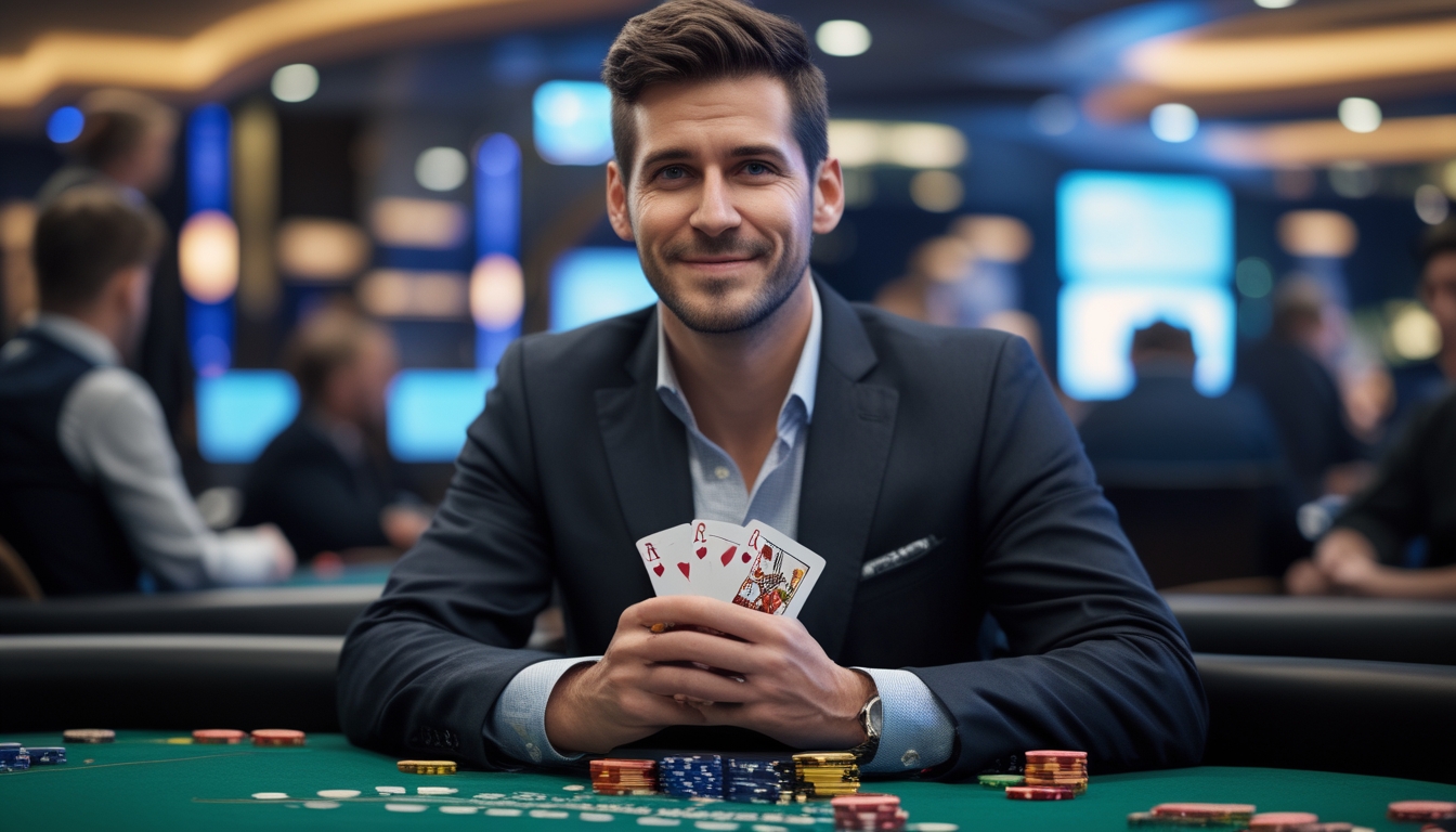Seorang pria duduk di meja poker dengan kartu di tangan, menunjukkan ekspresi percaya diri dan tersenyum halus seperti sedang melakukan bluffing.