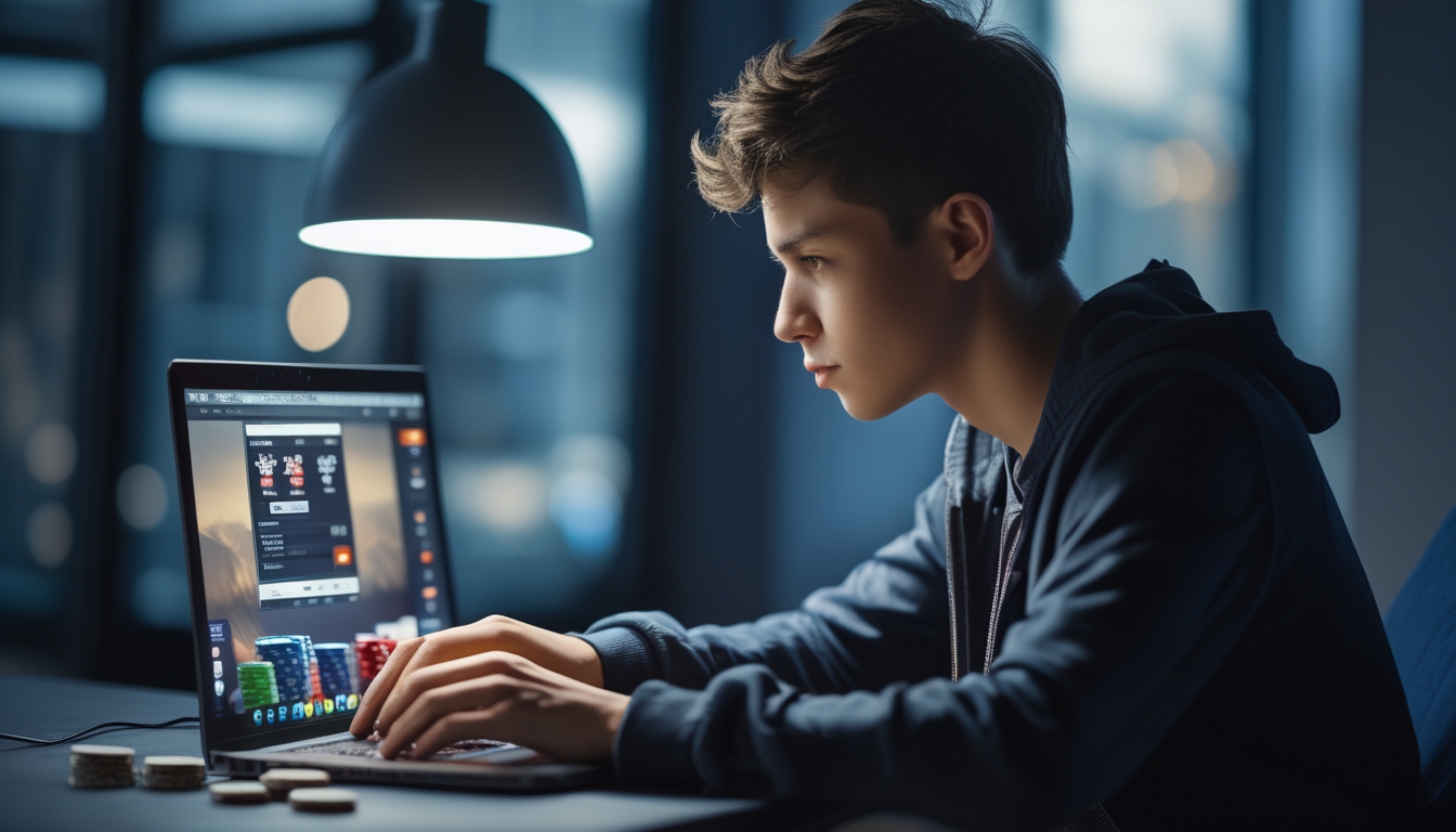 Seorang dewasa muda fokus bermain poker online menggunakan laptop di meja dengan chip dan kartu poker.