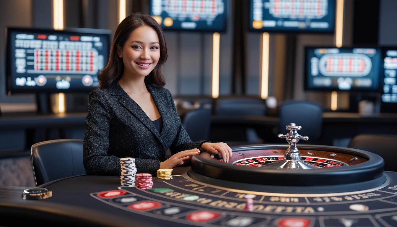 Seorang dealer wanita profesional sedang mengelola meja roulette langsung dengan roda roulette yang berputar dan chip di meja, di studio kasino modern.