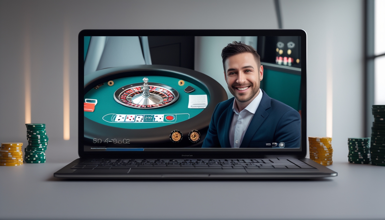 Seorang dealer langsung tersenyum di depan kamera saat bermain roulette online dengan antarmuka digital yang menampilkan roda roulette dan opsi taruhan.