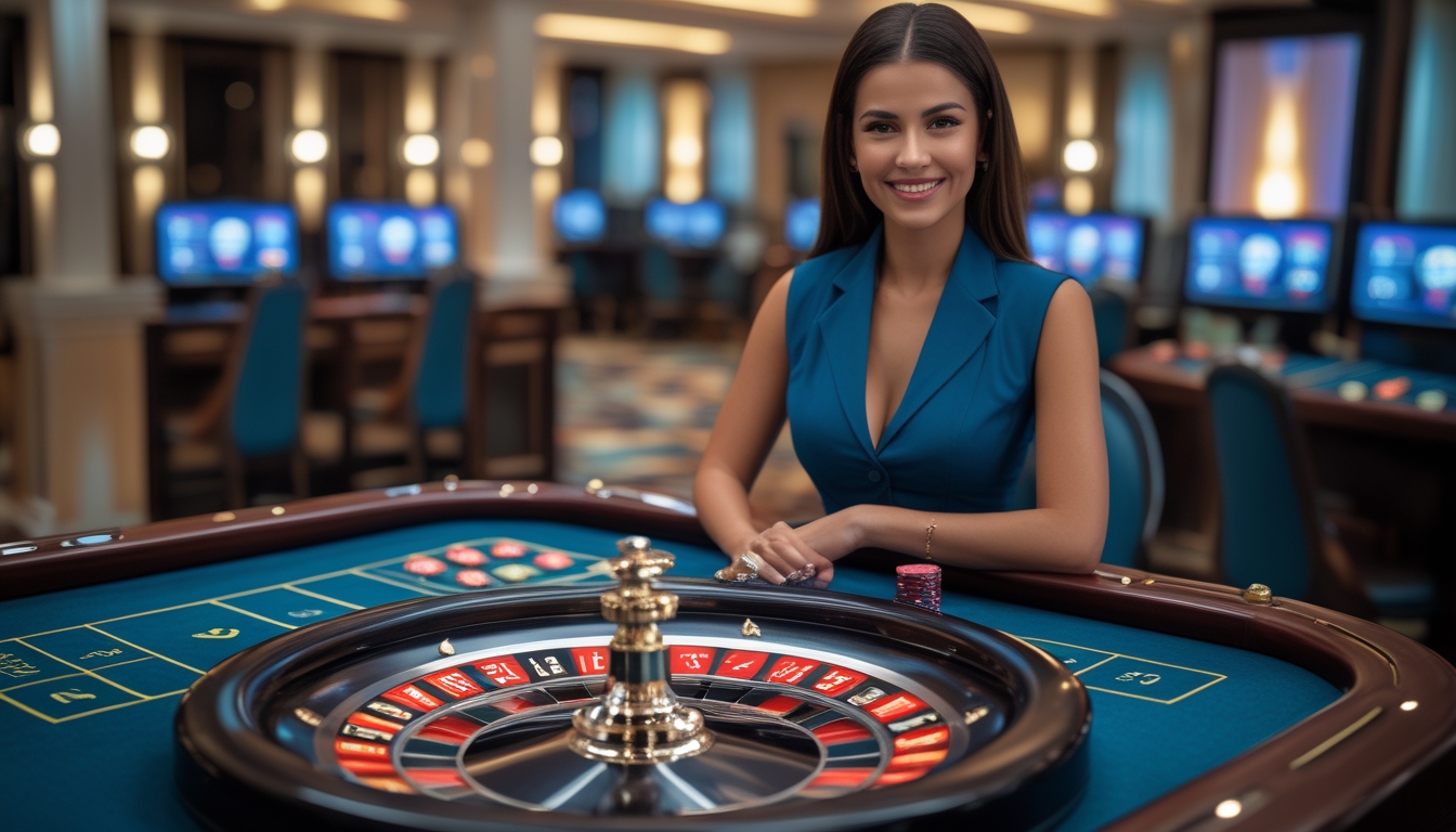 Seorang dealer wanita profesional duduk di belakang meja roulette dengan roda roulette yang berputar di depan, di studio kasino modern dengan layar komputer yang menampilkan permainan online.