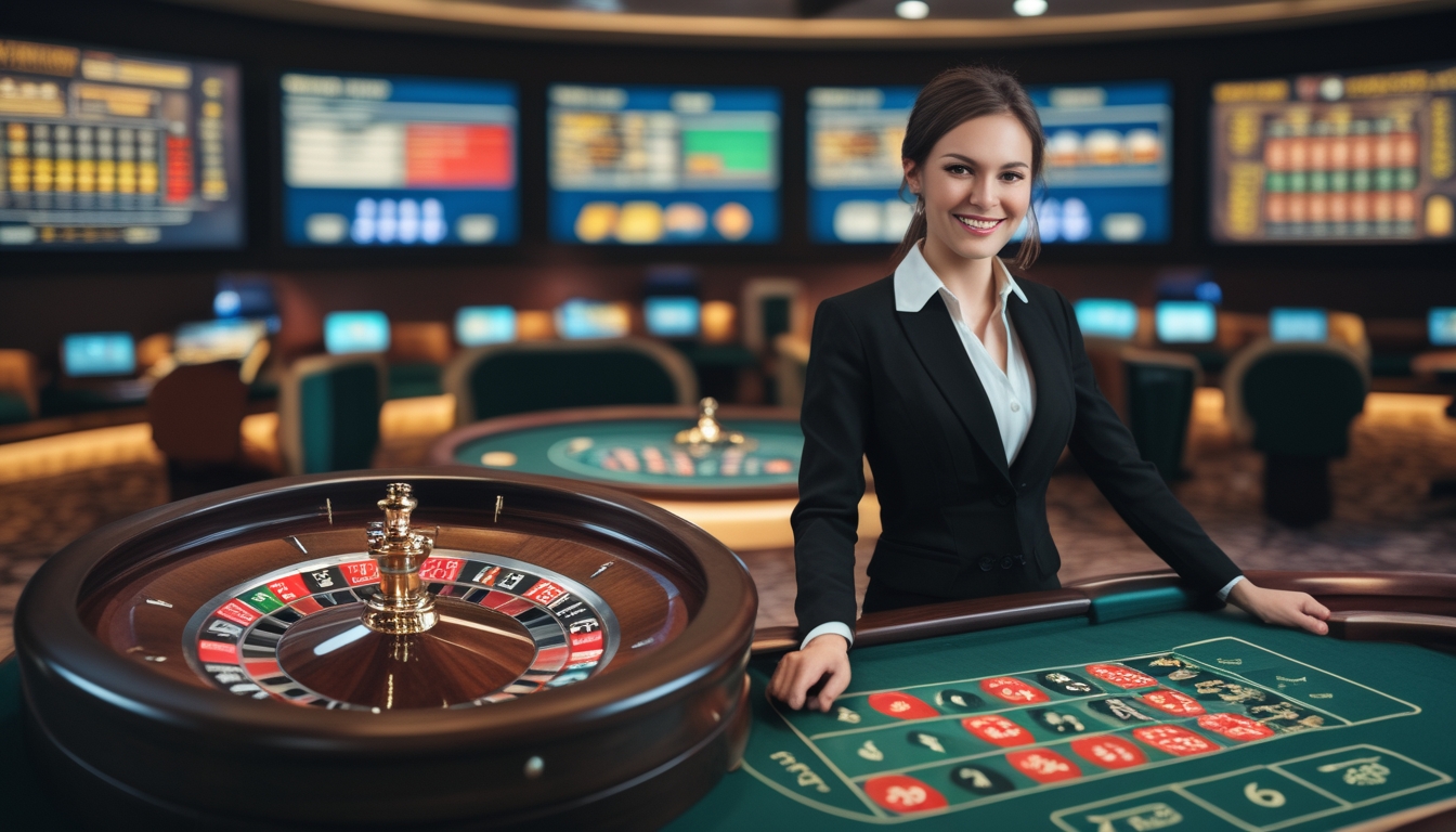 Seorang dealer wanita profesional duduk di meja roulette dengan roda roulette yang berputar di depan, di latar belakang terlihat layar komputer dengan tampilan kasino langsung.